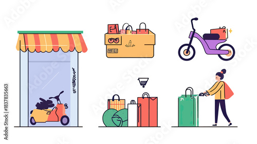 Flat minimalist vector illustration of electric scooter delivery, shopping bags, and woman carrying bags near store facade with awning and parked scooter