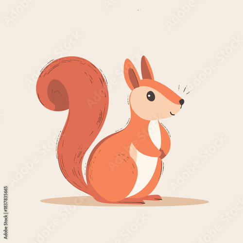Cute cartoon squirrel illustration with large bushy tail and curious expression in flat minimalist vector style on neutral background