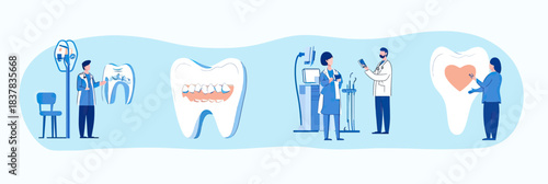 Dental care team analyzing tooth health with digital tools and heart symbol for oral hygiene and dental treatment concept in flat vector style