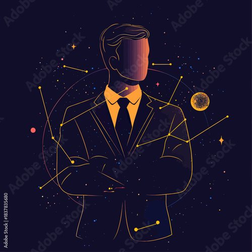 Abstract businessman silhouette with crossed arms and cosmic constellation elements on dark space background vector illustration for leadership or success concept
