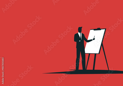 Silhouette businessman presenting on blank flip chart stand in minimalist flat design with red background for business presentation concept illustration