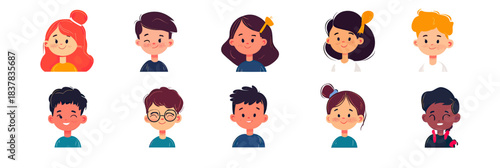 Diverse group of smiling kids faces with various hairstyles and accessories flat minimalist cartoon avatars set for children and education concept design