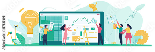 People analyzing and discussing energy consumption and household utility bills with digital tablet and charts in sustainable home finance management concept flat vector illustration