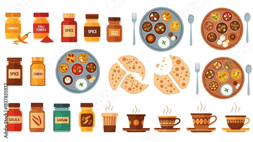 Assorted Indian spices dishes bread  teacups are displayed in a topdown organized arrangement