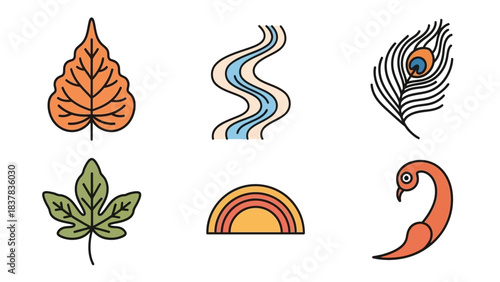 Six graphic images Two leaves river rainbow peacock feather and bird