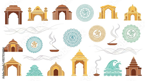 Illustration features architecture symbols  incense in tan teal gold brown against a white background