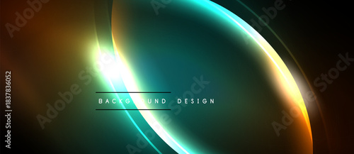 Abstract design features glowing curves, gradients. Dark background enhances vibrant teal, gold hues. Modern, elegant aesthetic.