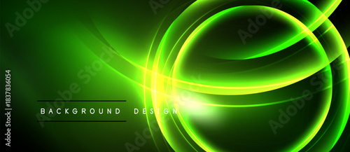 Bright green neon lines form abstract shapes. Dark background emphasizes glowing curves, creating dynamic visual effect. Text reads background design.