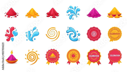 Holi celebration icons powder mounds water splashes spirals and seals with ribbons