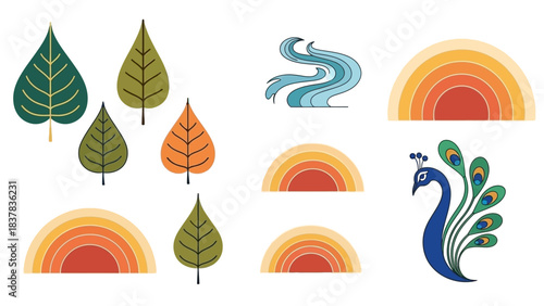 Stylized illustration Leaves water swirls rainbows and a peacock on a white background