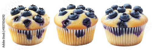 Freshly baked blueberry muffin with whole berries on top, isolated on white background. Concept of homemade dessert