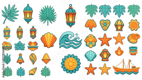 A collection of summer themed clip art designs on a white background