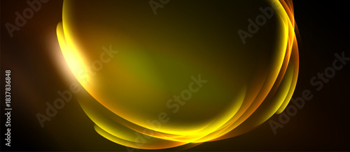 Abstract golden curves form oval shape. Dark background emphasizes bright, flowing lines. Warm tones dominate composition.