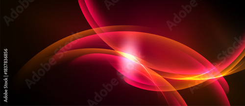 Abstract design features flowing curves, vibrant reds, oranges. Light radiates from central point, creating dynamic visual effect.
