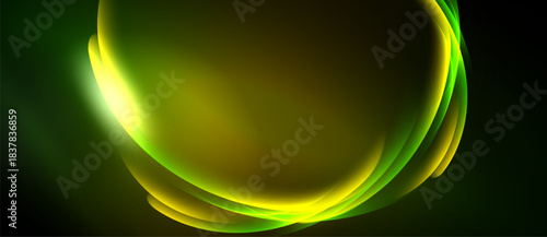 Abstract design features flowing curves, vibrant green, yellow hues. Smooth gradients create dynamic visual effect. Dark background emphasizes luminosity.