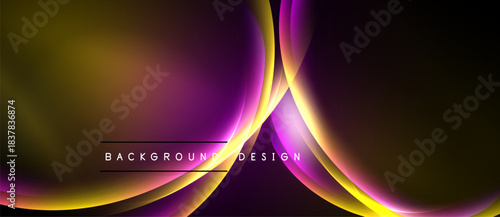 Abstract background features flowing curves, vibrant colors. Gold, purple, magenta blend creating dynamic visual effect. Modern design element.