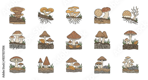 A beautiful collection of hand drawn watercolor mushroom illustrations.