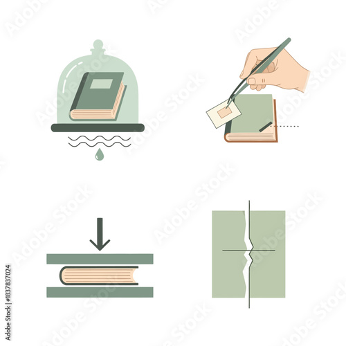 Book preservation process showing various stages of restoration and care for old books.