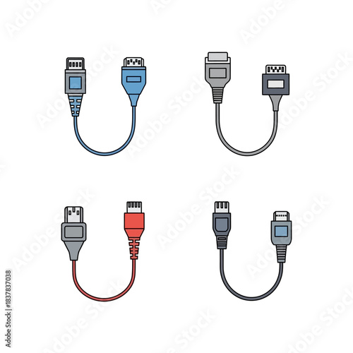 Assortment of vintage computer port connector cables isolated.