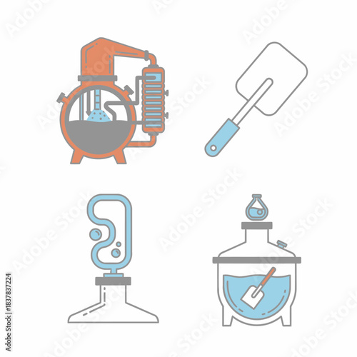 Collection of distilling equipment and tools for beverage production.