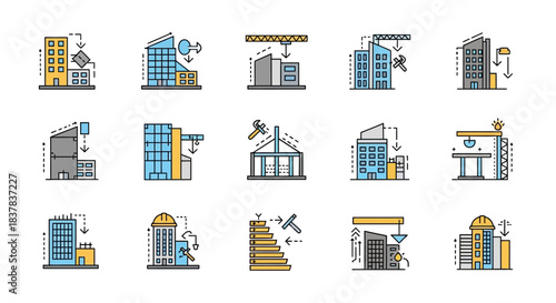 Collection of Construction and Building Icons Representing Urban Development.