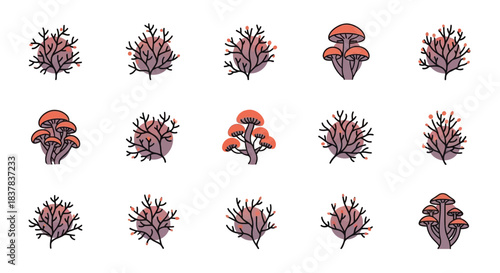 Collection of Diverse Fungi and Coral-like Organisms in a Stylized Illustration.
