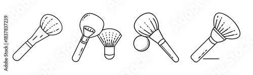 Line art illustration of various makeup brushes and cosmetic accessories