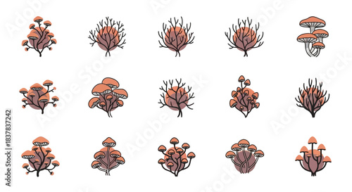 Collection of fantasy mushrooms and alien plants in various shapes and colors.