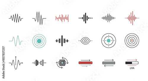 Collection of hand drawn sound wave and audio signal icons.