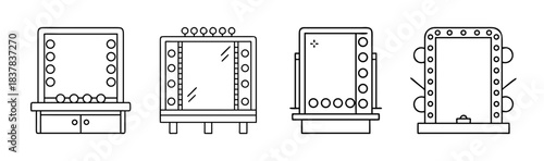 Vanity mirror with lights line art set. dressing room makeup table icons