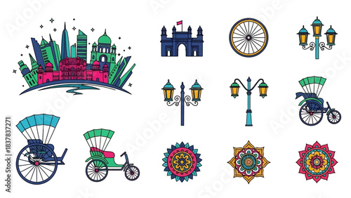 Colorful depictions of landmarks transports lamps and floral patterns on a white background