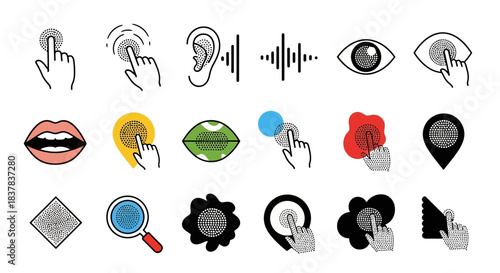 Collection of human senses and interaction icons for digital interfaces.