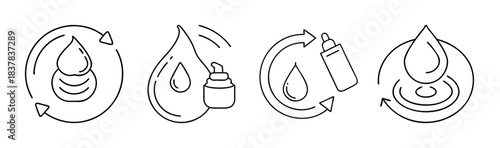 Skincare and beauty product application moisture droplet line icons set