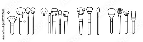 Diverse cosmetic makeup brushes set, essential beauty tools line art icons