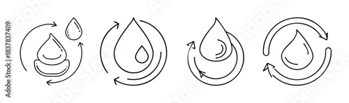 Water drop cycle outline icons for eco friendly hydration and recycling.