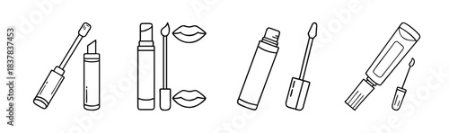 Line art collection of various lip gloss and lipstick beauty cosmetic products