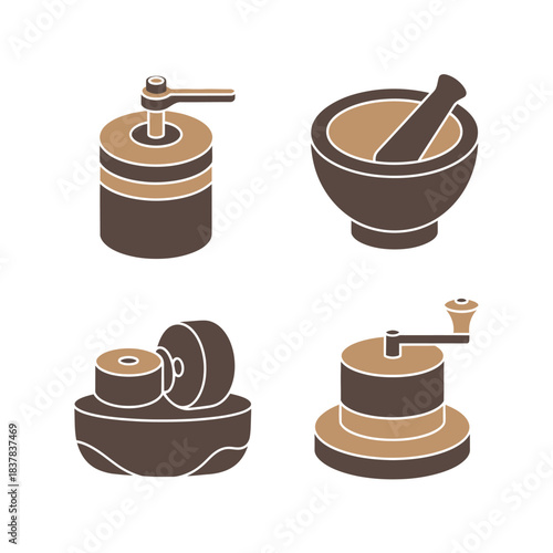 Collection of Traditional Grinding Tools and Mortar with Pestle Illustrations.