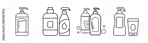 Personal care product bottles line art icon set for hygiene and beauty products