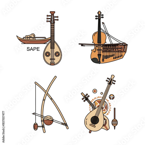 Collection of Traditional Stringed Musical Instruments Illustrations.