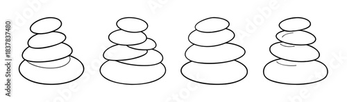 Four balanced zen stone stacks, line art drawing representing stability