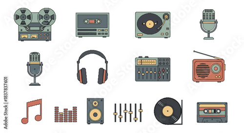 Collection of vintage audio equipment and music elements for creative projects.