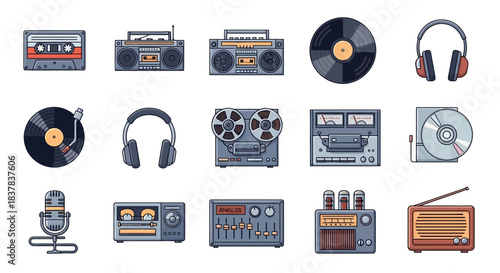 Collection of vintage audio equipment and music recording devices.