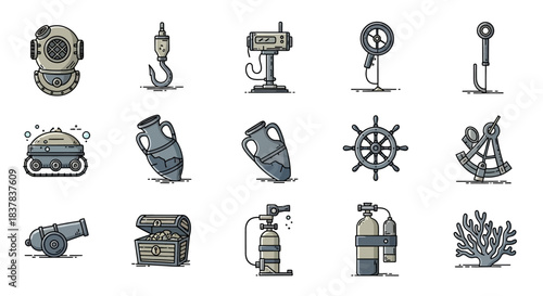 Collection of vintage nautical and maritime objects and equipment.