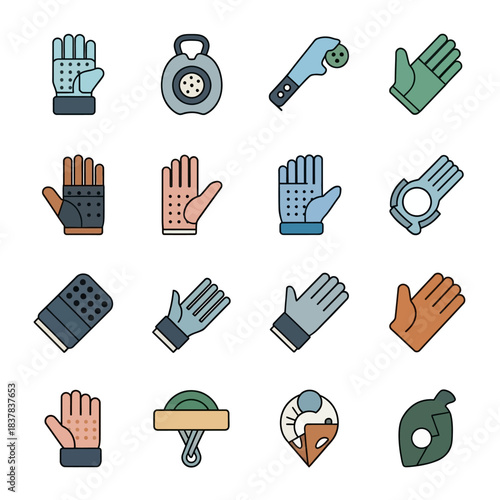 Colorful flat line icon set of various protective gloves.