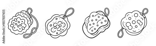 Set of hand-drawn bath sponges line art icons, hygiene and spa accessories