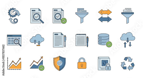 Colorful Hand Drawn Icon Set for Data Management and Analysis.