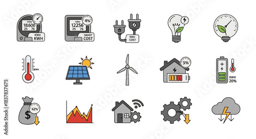 Colorful hand drawn icon set for renewable energy and smart technology.
