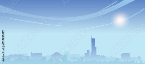 Blue panoramic poster of the city skyline with misty background buildings and clouds of BOSTON, UNITED STATES