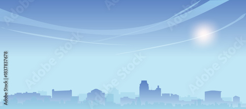 Blue panoramic poster of the city skyline with misty background buildings and clouds of PROVIDENCE, UNITED STATES