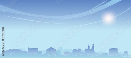 Blue panoramic poster of the city skyline with misty background buildings and clouds of HAMBURG, GERMANY